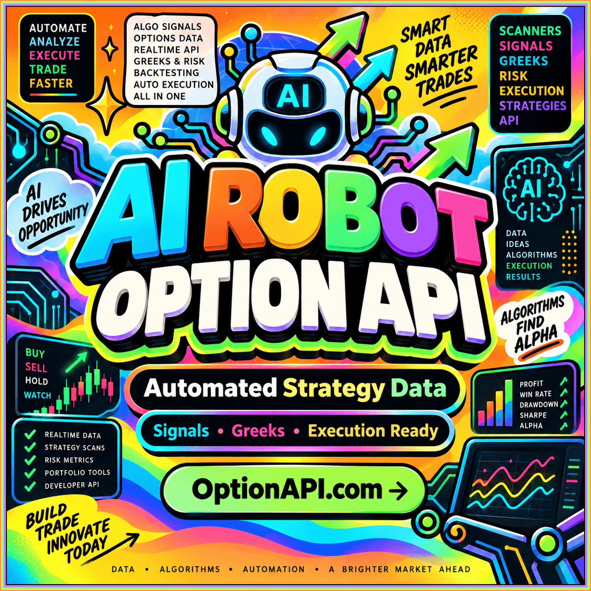 AI robot option API controls in rainbow fintech typography, branded OptionAPI.com.