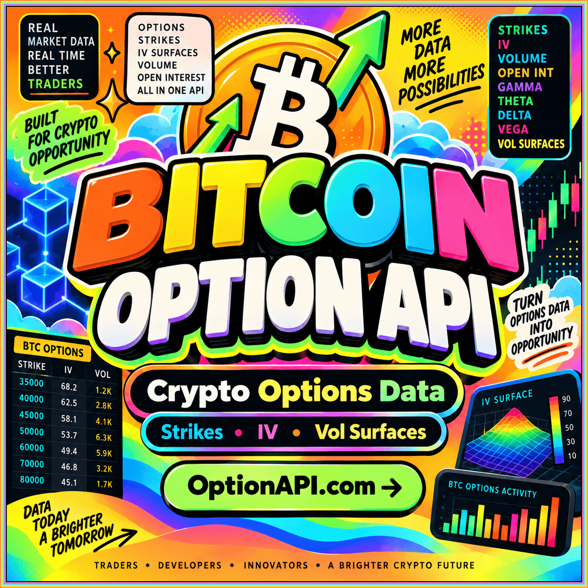 Bitcoin option API volatility in rainbow fintech typography, branded OptionAPI.com.