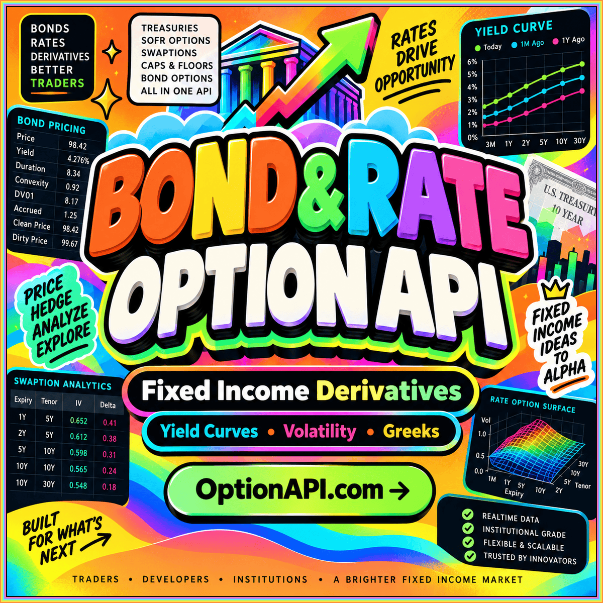 Bond and rate option API conventions in rainbow fintech typography, branded OptionAPI.com.