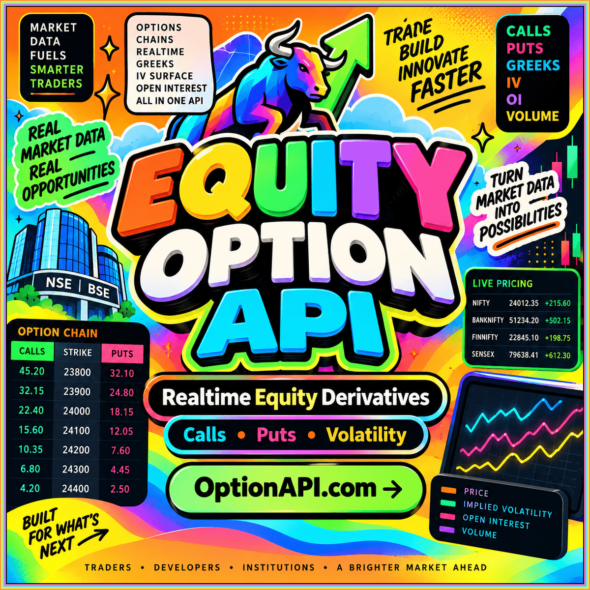 Equity option API contract records in rainbow fintech typography, branded OptionAPI.com.