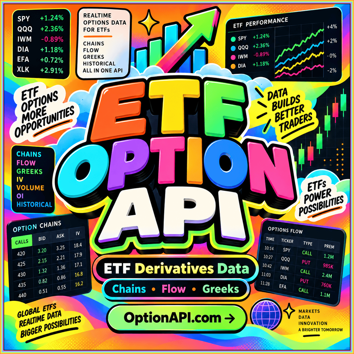 ETF option API chains in rainbow fintech typography, branded OptionAPI.com.