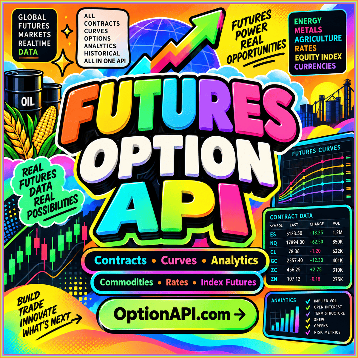 Futures contract option API data in rainbow fintech typography, branded OptionAPI.com.