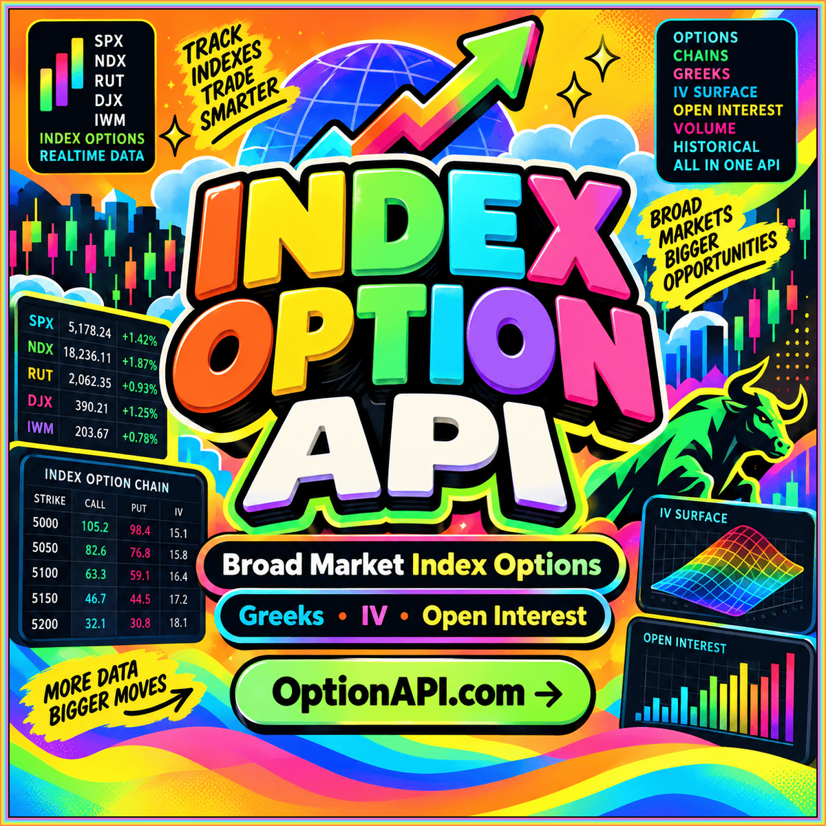 Index option API expiry and settlement in rainbow fintech typography, branded OptionAPI.com.