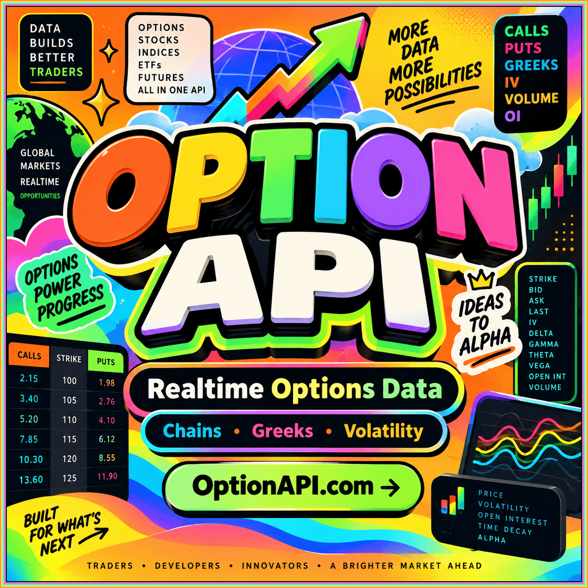 Option API chains, Greeks and volatility in rainbow fintech typography, branded OptionAPI.com.