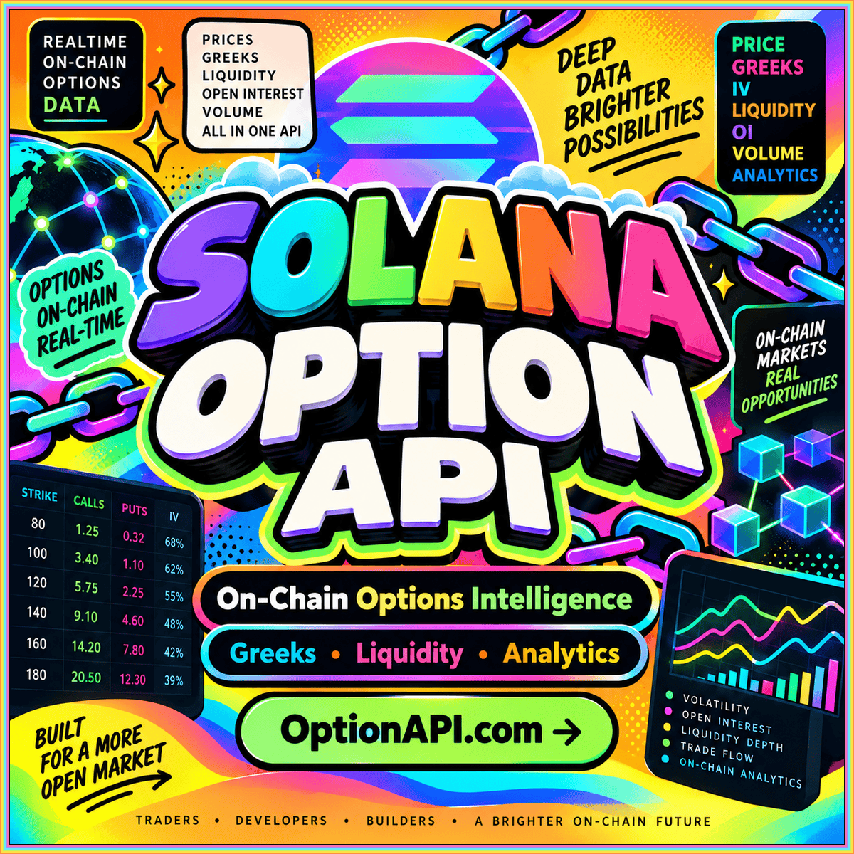 Solana option API on-chain records in rainbow fintech typography, branded OptionAPI.com.