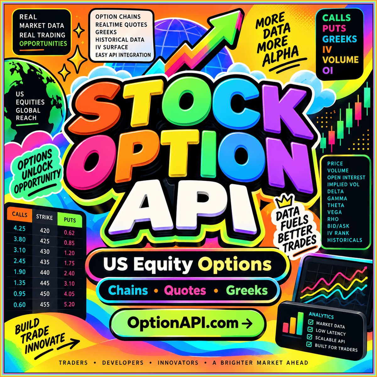 Stock option API chains and quotations in rainbow fintech typography, branded OptionAPI.com.